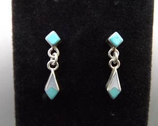.925 Sterling Silver Inlayed Turquoise Dangle Post Earrings
