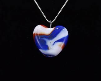 .925 Sterling Silver Blown Glass American Heart Pendant Necklace
