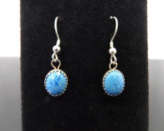 .925 Sterling Silver Sodalite Cabochon Dangle Hook Earrings
