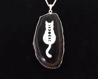 .925 Sterling Silver Reversible Eclipse Cat Agate  Pendant Necklace
