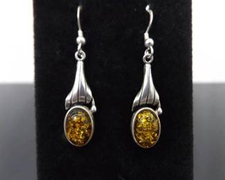 .925 Sterling Silver Amber Cabochon Dangle Hook Earrings
