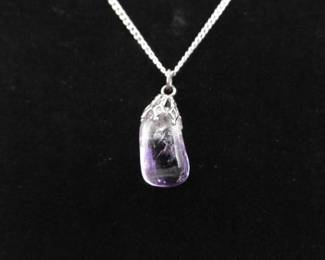 .925 Sterling Silver Polished Raw Amethyst Stone Pendant Necklace
