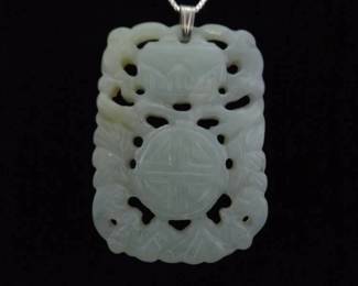 .925 Sterling Silver LARGE Hand Carved Asian Nephrite Stone Pendant Necklace
