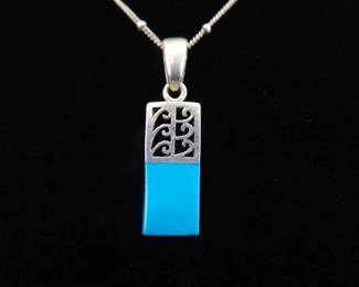 .925 Sterling Silver Inlayed Sleeping Beauty Blue Turquoise Cabochon Pendant Necklace
