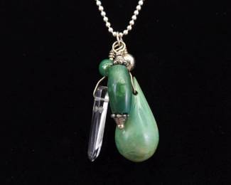 .925 Sterling Silver Malachite and Crystal Dangle Charm Pendant Necklace
