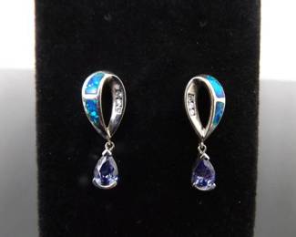 .925 Sterling Silver Inlayed Opal and Amethyst Dangle Post Earrings
