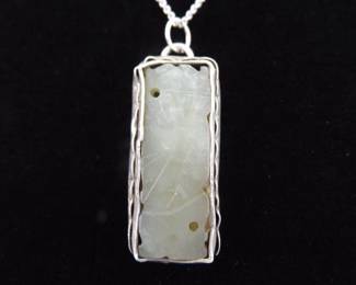 .925 Sterling Silver Hand Carved Primitive Asian Nephrite Stone Amulet Pendant Necklace
