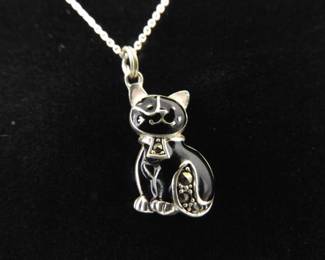 .925 Sterling Silver Art Nouveau Enamel Kitty Cat Pendant Necklace
