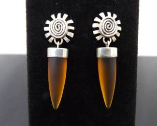 .925 Sterling Silver Sun Swirl Amber Dangle Post Earrings
