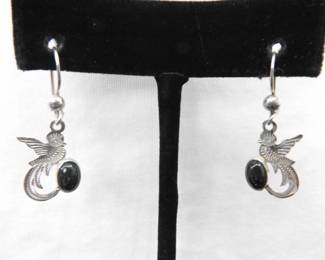 .925 Sterling Silver Black Onyx Cabochon Bird Dangle Hook Earrings
