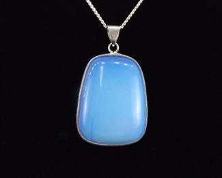 .925 Sterling Silver Larger Opalite Glass Cabochon Pendant Necklace
