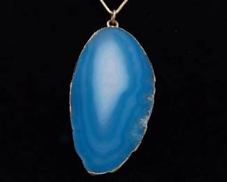 .925 Sterling Silver Gold Trimmed Blue Agate Geode Pendant Vermeil Necklace
