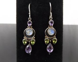 .925 Sterling Silver Moonstone Cabochon Amethyst and Peridot Dangle Hook Earrings
