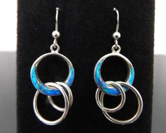 .925 Sterling Silver Inlayed Opal Dangle Hoop Hook Earrings

