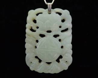 .925 Sterling Silver LARGE Hand Carved Asian Nephrite Stone Pendant Necklace