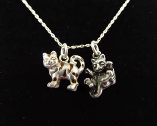 .925 Sterling Silver Kitty Cat Charms Pendant Necklace