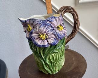 Hand made in Italy purple flower pitcher. (The ruler has height)