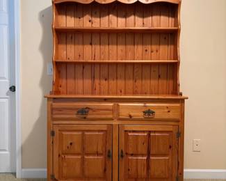R11 - $175. Solid Pine Open Front Hutch / Cupboard with Heart Carvings. Detachable Top. Assembled it measures 48.5" wide x 15.25" deep x 72" tall. (Top is 48" wide x 9.5" deep x 37" tall. Base is 48.5" x 15.25" x 35.5" tall.) Both bottom doors have split. Vintage piece - not antique. Sturdy!