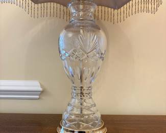 R23 - $40. Beautiful Crystal Table Lamp. Measures 26.5" tall. Shade is in excellent condition. 