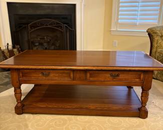 R44 - $175. Solid Oak Coffee Table. Measures 51" wide x 25.25" x 18" tall. Has 2 drawers that open easily and run almost all the way through. Excellent vintage condition!