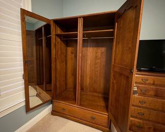 R52 - $1,250 Each. (2 Available - this is #2) English Wardrobe from "The Royal Oak Furniture Company" in England. Online listed as Balmoral Two Door Ladies Wardrobe in Oak. Shelf and clothes bar are adjustable. *Excellent Condition*. Measures 46" wide x 24" deep x 76" tall.  We do have the directions to take this apart to move in pieces. If you're interested send your offers early so we're not taking apart at the last minute!