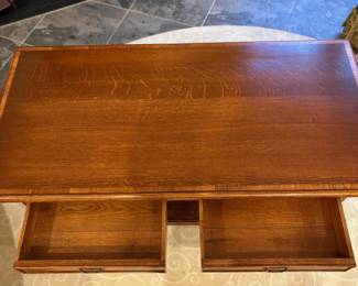 R44 - $175. Solid Oak Coffee Table. Measures 51" wide x 25.25" x 18" tall. Has 2 drawers that open easily and run almost all the way through. Excellent vintage condition!