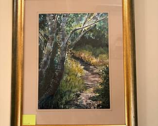 R18 - $95. A.Whyte Signed Painting. "A Path Past Birches" Watercolor & India Ink. Measures 19" wide x 23" tall. 