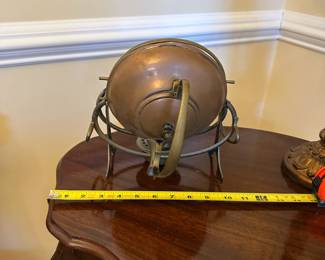 R75 - $50. A Late 19th Century Copper & Brass Spirit Kettle & Burner. William Soutter & Sons Birmingham. Mineral Buildup inside. 