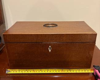 R37 - $140. Antique English Tea Caddy with Original Glass Mixing Bowl. Approx 11" wide. Outside is in excellent condition - inside is in very good condition. 