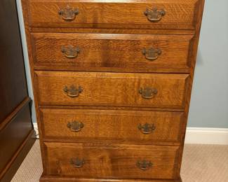 R53 - $375. Chest of Drawers from "The Royal Oak Furniture Company" in England. Five Drawer Chest in Solid Oak. Measures 32" wide x 18" deep x 42" tall. 
