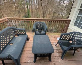 R50 - $85. Progarden Heavy Duty Plastic Furniture used on the deck. Includes loveseat, 2 chairs & coffee table. Faded but still sturdy!
