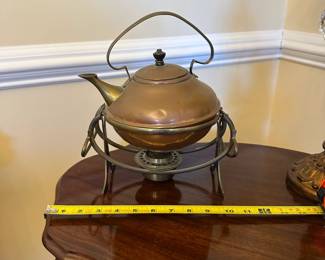 R75 - $50. A Late 19th Century Copper & Brass Spirit Kettle & Burner. William Soutter & Sons Birmingham. Mineral Buildup inside. 