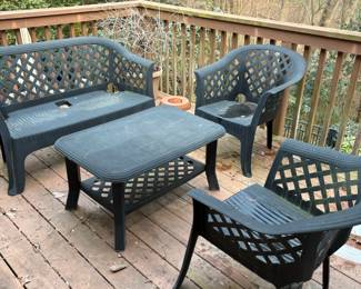 R50 - $85. Progarden Heavy Duty Plastic Furniture used on the deck. Includes loveseat, 2 chairs & coffee table. Faded but still sturdy!