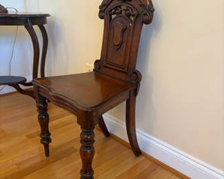 R25 - $125. Victorian Shield Back Hall Chair. Measures 17.75" x 14" deep x 34.5" tall. Floor to seat is 16.75". Smaller size but sturdy. Solid wood. 