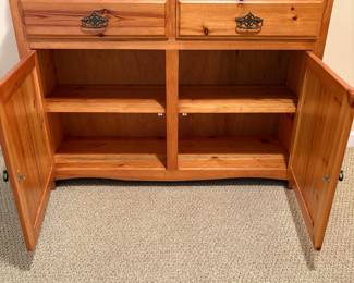 R11 - $175. Solid Pine Open Front Hutch / Cupboard with Heart Carvings. Detachable Top. Assembled it measures 48.5" wide x 15.25" deep x 72" tall. (Top is 48" wide x 9.5" deep x 37" tall. Base is 48.5" x 15.25" x 35.5" tall.) Both bottom doors have split. Vintage piece - not antique. Sturdy!
