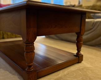 R44 - $175. Solid Oak Coffee Table. Measures 51" wide x 25.25" x 18" tall. Has 2 drawers that open easily and run almost all the way through. Excellent vintage condition!