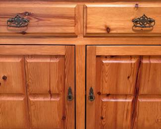 R11 - $175. Solid Pine Open Front Hutch / Cupboard with Heart Carvings. Detachable Top. Assembled it measures 48.5" wide x 15.25" deep x 72" tall. (Top is 48" wide x 9.5" deep x 37" tall. Base is 48.5" x 15.25" x 35.5" tall.) Both bottom doors have split. Vintage piece - not antique. Sturdy!
