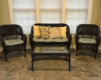 R30 - $250. 4 Piece Patio Set - Used in a sunroom and Like New Condition! Includes Loveseat (51" long), Pair of Arm Chairs (28" wide) & Coffee Table (35" wide x 21" deep x 17" tall). Just in time for Spring! Woven Plastic giving it a wicker look.
