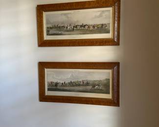 R28 - $250. Pair of Antique Equestrian Engravings. "Preparing to Start" & "Training". Engraved by Sutherland. Measures 22.25" x 11.5" tall. Beautiful antique wooden frames.
