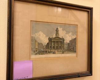 R109 - $20. "Lancaster Sessions House and Market" Framed it measures 10.75" x 9.75". Drawn by W. Westall. Engraved by S. Rowle. 