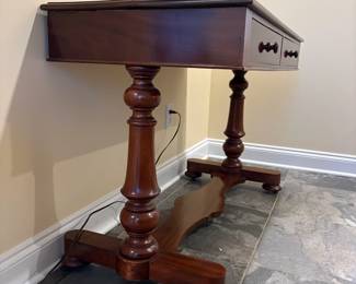 R35 - $450. Antique English Writing Desk / Entry Table. Measures 41" wide x 21" deep x 29" tall. Drawers both slide easily. Top has pulled apart a little bit with age where the boards were originally connected - you don't really notice unless it's empty. Could work as a desk, sofa table or entry table. 