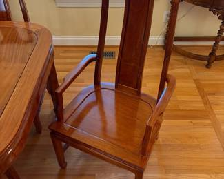 R1 - $850. Excellent Condition - you will not find a set in better condition! Rosewood Dining Table with 8 Chairs. Measures 42" wide x 60" long with NO leaves. Includes 2 that are 17.75" each. 6 Side Chairs are 17.75" wide x 18" deep x 42" tall. 2 Arm Chairs are 21.75" wide x 20" deep x 42" tall.  Floor to seat of chairs is 16.75". Very comfortable chairs!