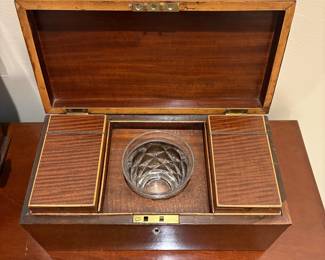 R37 - $140. Antique English Tea Caddy with Original Glass Mixing Bowl. Approx 11" wide. Outside is in excellent condition - inside is in very good condition. 