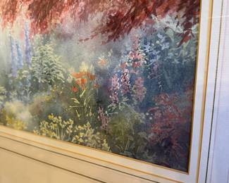 R78 - $150. "An English Garden" Original Watercolor by Freda Webster Green. Framed it measures 33" x 27". Painting has slid in the frame and needs to be pulled back up. 