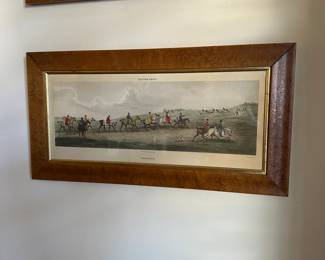 R28 - $250. Pair of Antique Equestrian Engravings. "Preparing to Start" & "Training". Engraved by Sutherland. Measures 22.25" x 11.5" tall. Beautiful antique wooden frames.