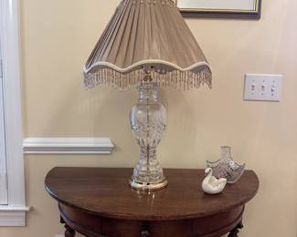 R23 - $40. Beautiful Crystal Table Lamp. Measures 26.5" tall. Shade is in excellent condition. 