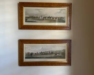 R28 - $250. Pair of Antique Equestrian Engravings. "Preparing to Start" & "Training". Engraved by Sutherland. Measures 22.25" x 11.5" tall. Beautiful antique wooden frames.