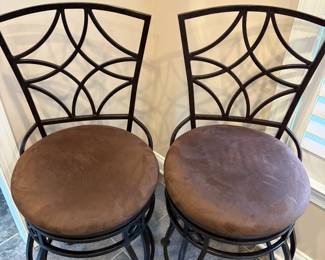 R64 - $60. PAIR of "At Home" Counter Height Bar Stools. Measures 29" floor to seat. 46" floor to top of back. Seats are in good condition