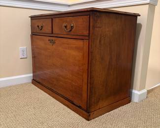 R12 - $375. Antique English Coffer / Chest with 2 drawers and drop down front. (Brought from England) Measures 39.5" x 21" deep x 30" tall. Has original key and does lock! Drop front has a little warping on the left side but it does close and lock. 