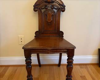 R25 - $125. Victorian Shield Back Hall Chair. Measures 17.75" x 14" deep x 34.5" tall. Floor to seat is 16.75". Smaller size but sturdy. Solid wood. 